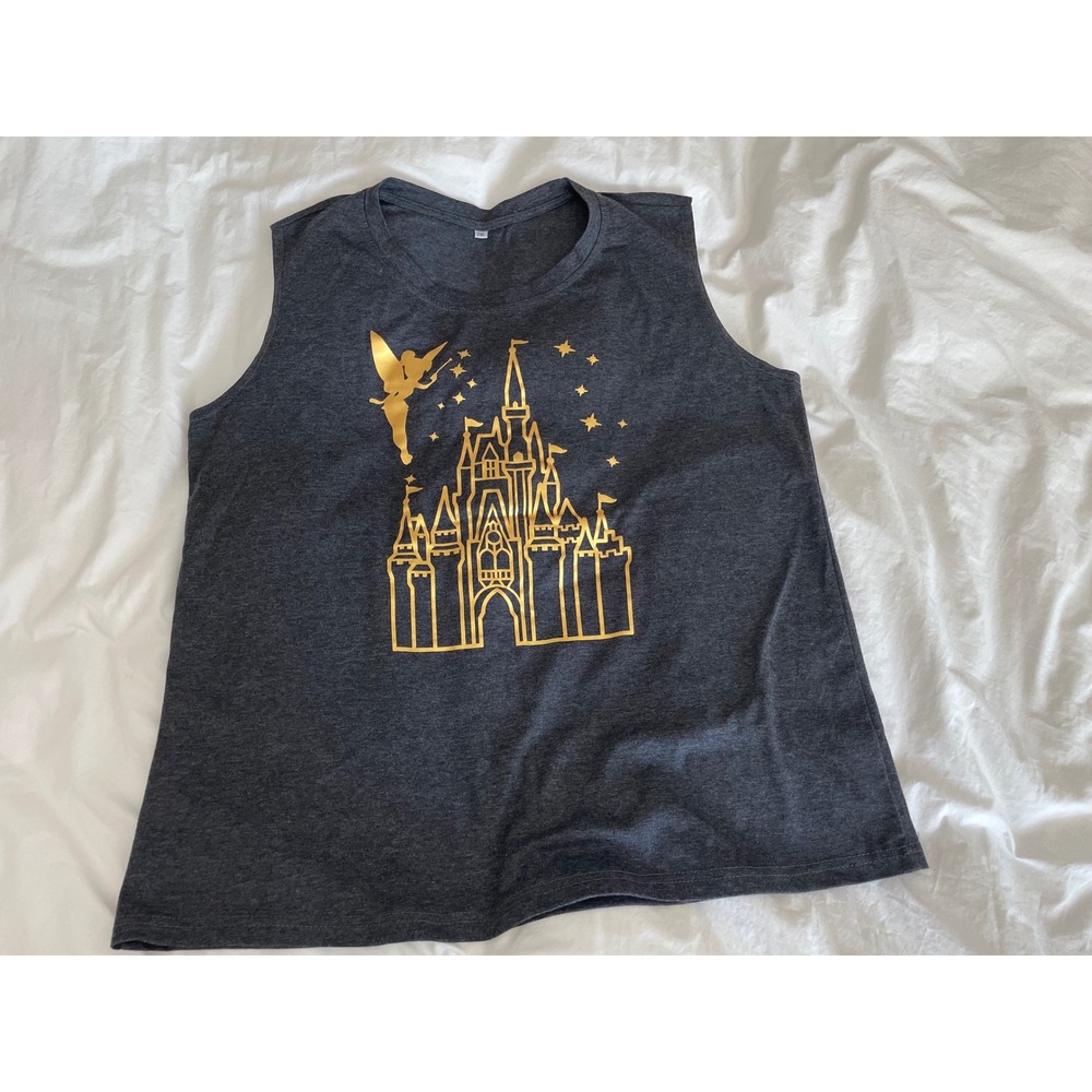 Disney Tank Tinker Bell Gold Foil Castle Charcoal Grey Sleeveless Tee Size-2XL